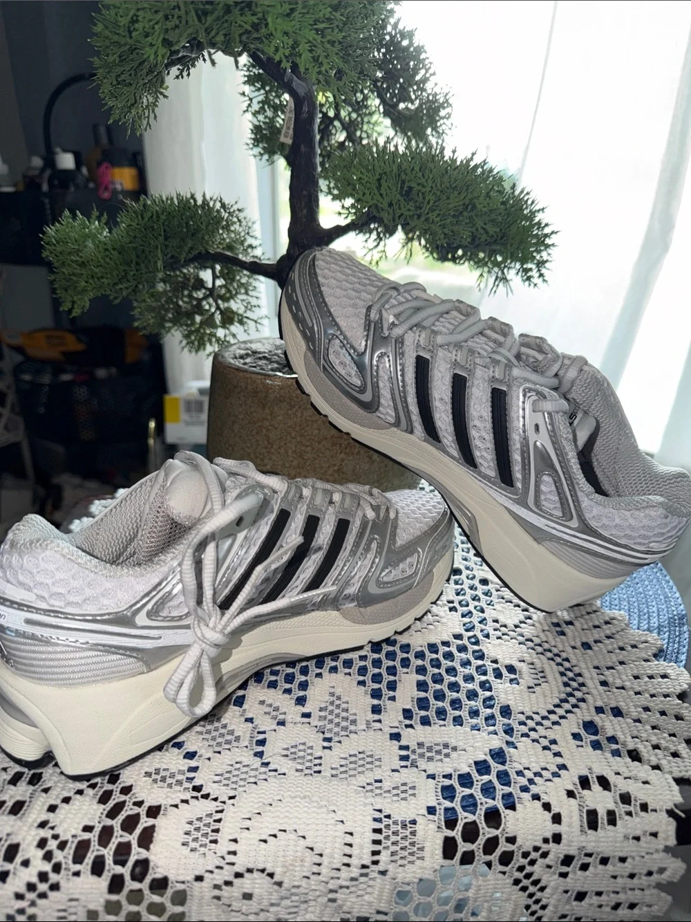 Adidas Kid’s Silver and White Running Sneakers— Unisex